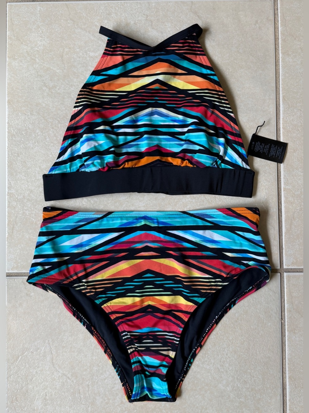 KikiRio High Neck Halter Bikini Set Geometric Aztec High Waisted Swimsuit S